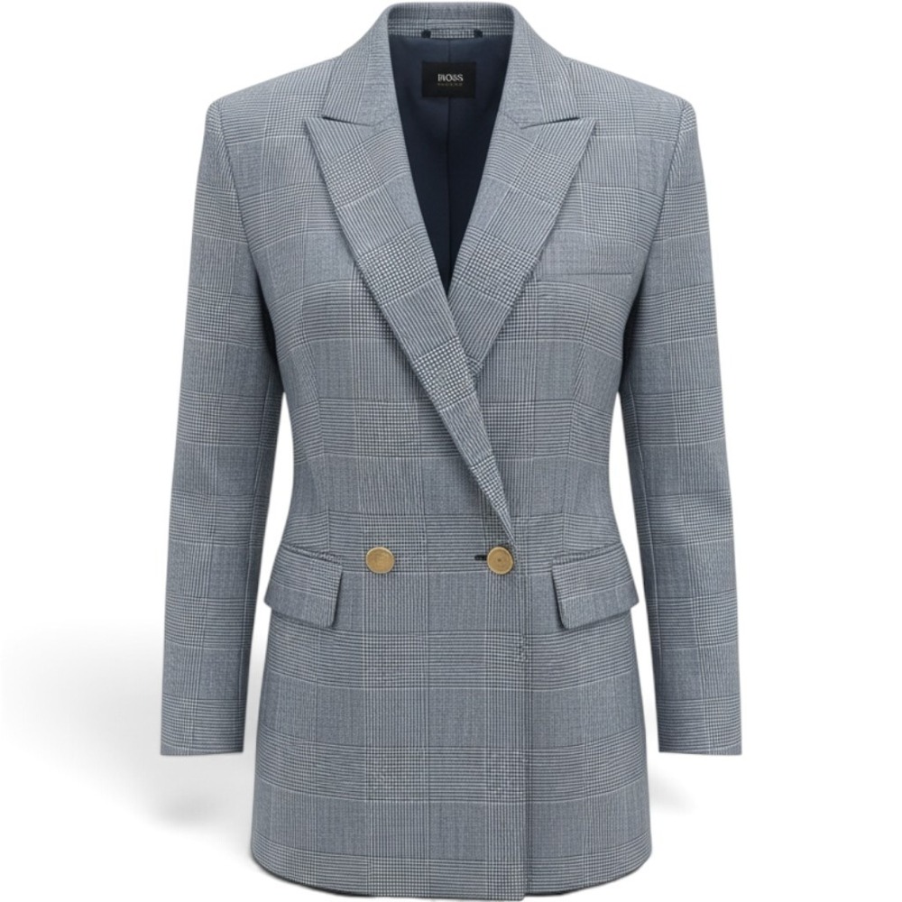 BOSS Blazer Womens 14 Glen Plaid Double Breasted Gray Gold Button EUC